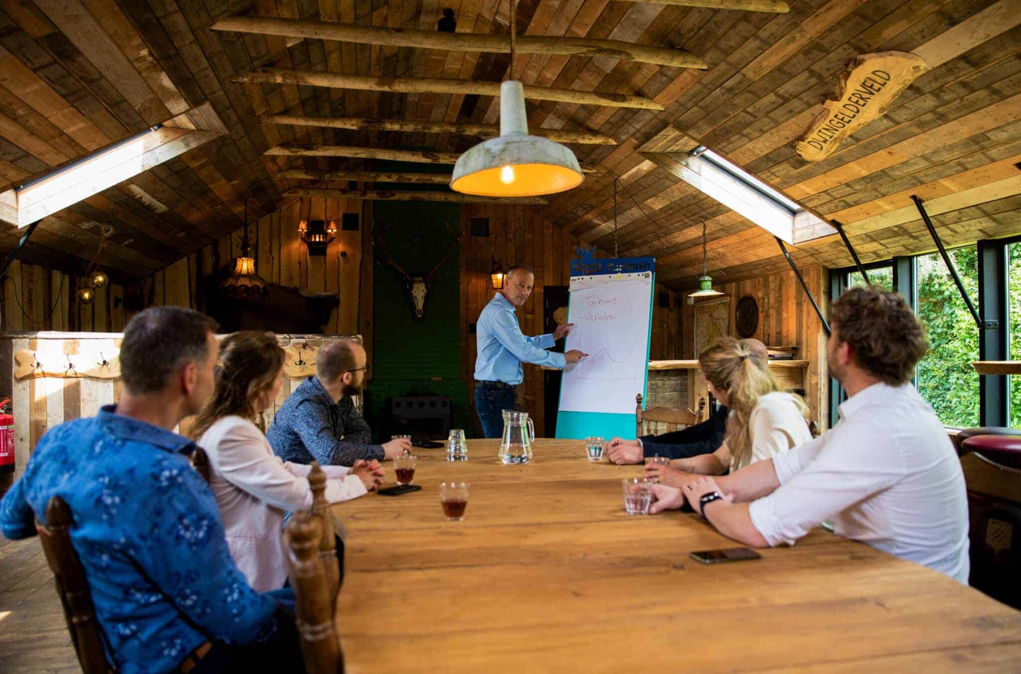 Een groep mensen vergadert in een zaal met natuurlijke element. Man geeft presentatie op een flip-over